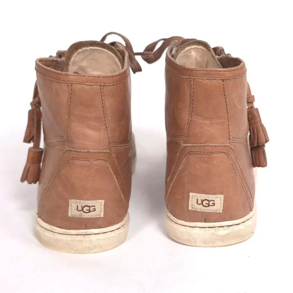 UGG Women's Sneakers 9.5 Brown‎ Leather High Top Tassel Zip Lace Up Casual